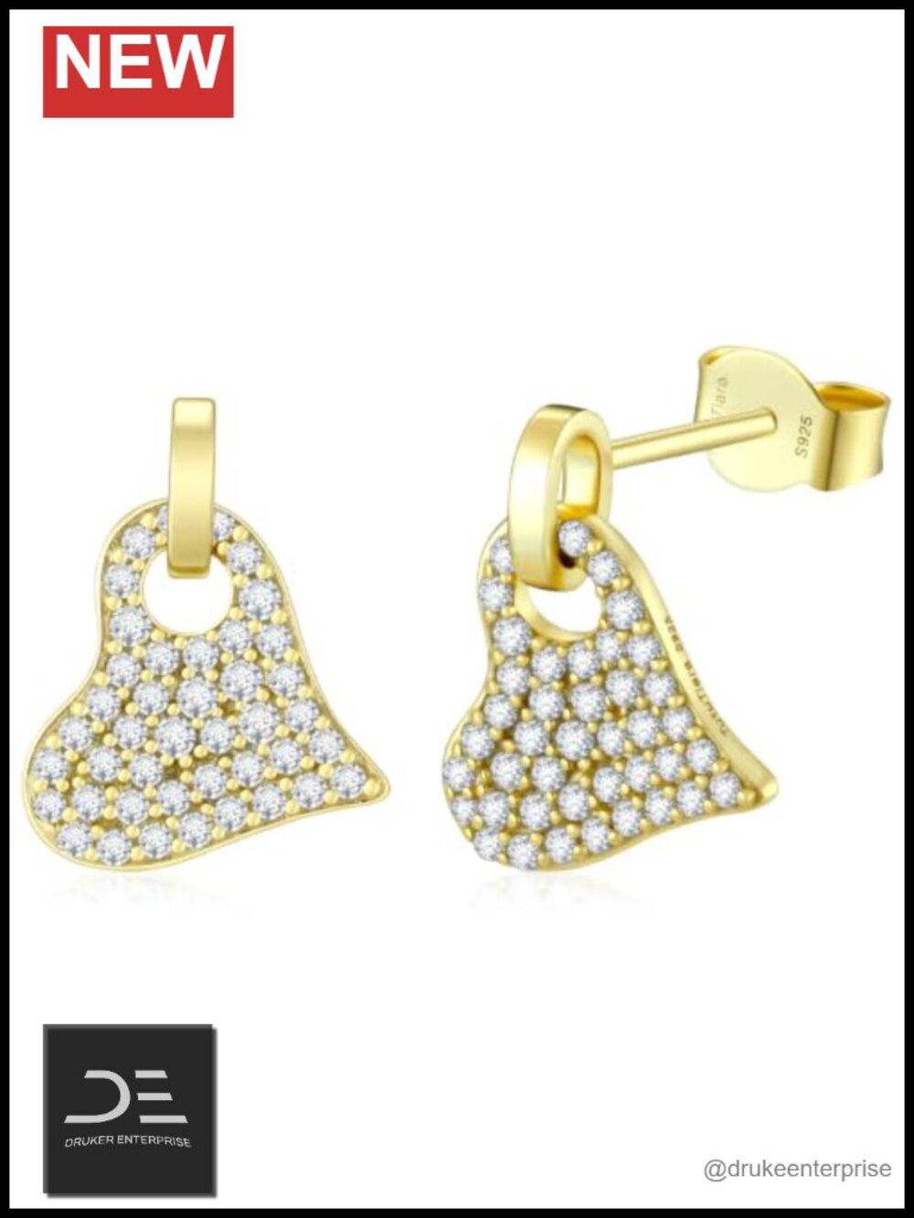 14K Gold Plated 925 Sterling Silver Heart Dangle Earrings Moissanite